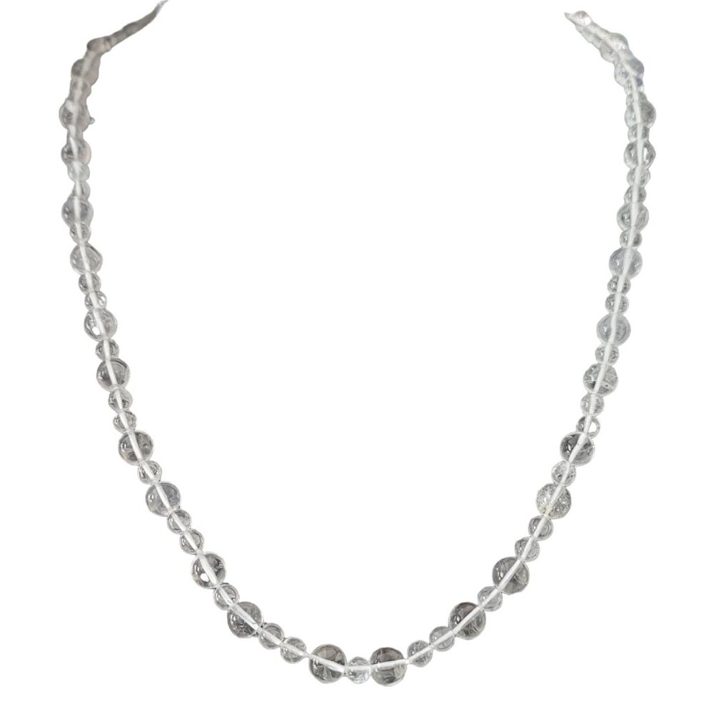 14K Gold Rock Crystal, Round Knotted Bead Necklace 26" Long,  E862